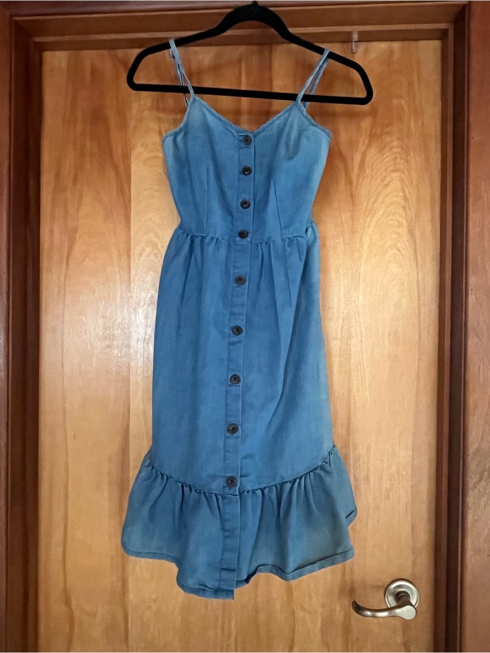 Japna Denim-Style Blue Button-Down Mini Dress with Ruffle Hem